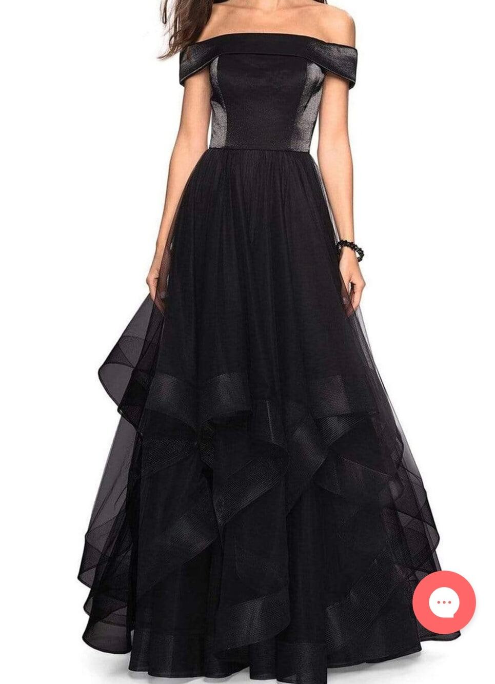 La Femme Black Shimmer A-Line Off the Shoulder Tulle Ballgown